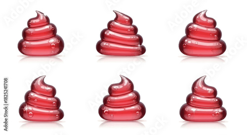 Six red swirled poop emojis three on top three below each with a glossy slightly reflective appearance