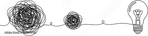 Abstract illustration of a tangled line evolving into a straight line leading to a lit lightbulb representing problem-solving and creativity