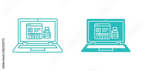 Set of two teal line and solid icons representing a laptop displaying an online video player interface next to a stack of books, isolated on