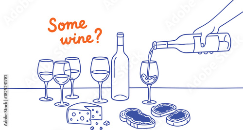 A charming line art illustration depicting a hand pouring wine into a glass, complemented by a delightful spread of cheese and appetizers, perfect for social enjoyment