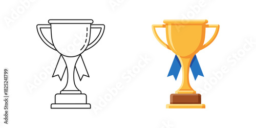 Set of two trophy icons, one as a black and white outline drawing and the other as a colored golden cup with a blue ribbon, isolated on