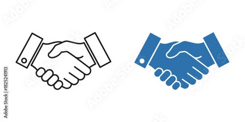Set of two handshake icons, one outline and one solid blue, symbolizing agreement, partnership, and business deal isolated on