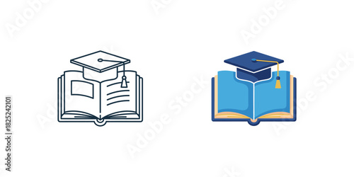 Set of two icons representing education concept an open book with a graduation cap on top, one in outline style and one in flat color style, isolated on