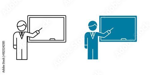 Icon set showing a teacher or presenter pointing at a blank whiteboard or chalkboard in both outline and solid blue style, isolated on
