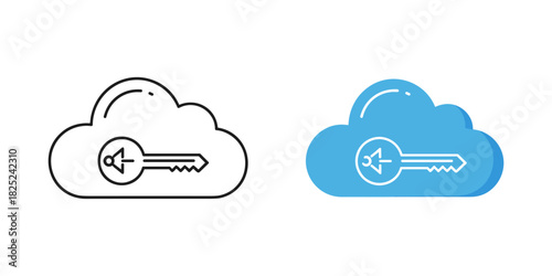 Cloud security key icon set, line art and color illustration representing secure access to cloud storage or data protection, isolated on