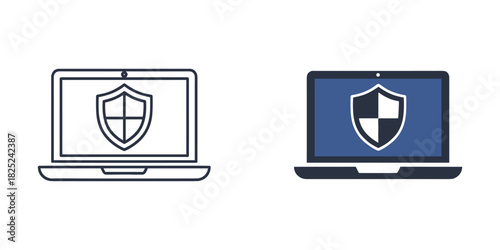 Set of two laptop computer icons with shield symbol on screen representing cybersecurity, antivirus, and data protection, one outline and one flat design, isolated on