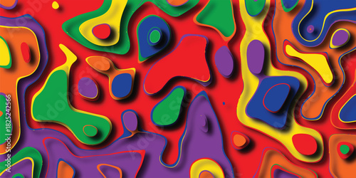 Vibrant abstract artwork with layered, colorful organic shapes and a distinct shadow effect, creating a dynamic, playful, and visually engaging composition with a sense of depth and dimension