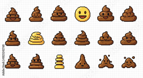 Pixel art collection of 15 smiling brown poop emojis and one smiling yellow face on a square grid backdrop