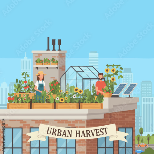 city rooftop gardeners harvesting vegetables