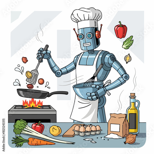 futuristic robot chef cooking a meal