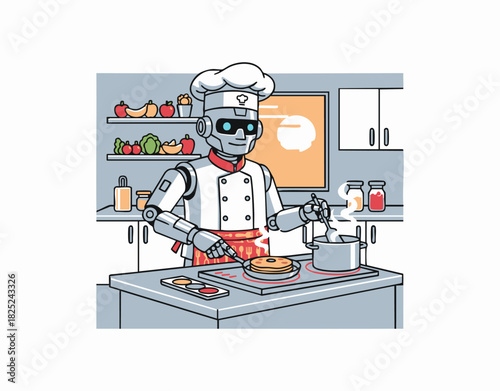 futuristic robot chef making pancakes