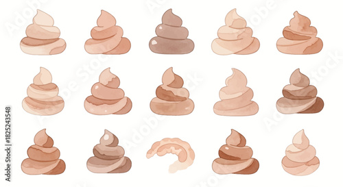 Fifteen stylized representations of excrement varying in shade  composition