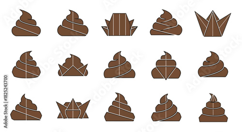 Brown poop emojis some folded in origami style arranged in a grid against a white background