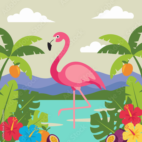 vibrant flamingo in a tropical summer oasis