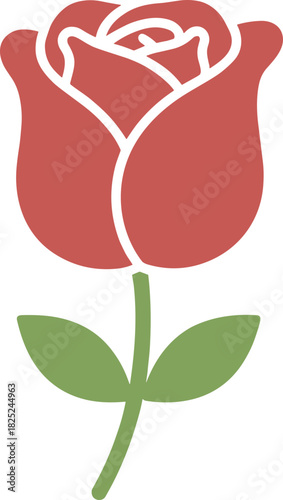 Minimalist Block Color Rose Flower with Stem and Leaves Icon