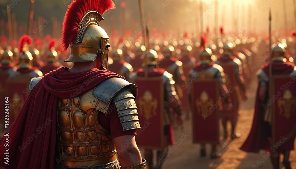 Fototapeta premium Back view of Roman legionnaires army. Soldiers wear red cloaks and helmets with crests. Legionary warrior soldiers stand in formation ready for battle on war. Troops, army, and military.