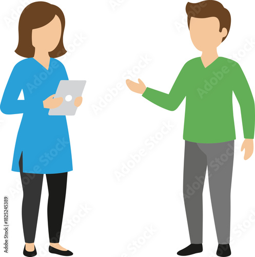 Simple Flat Illustration of Business People Discussing Information with Tablet