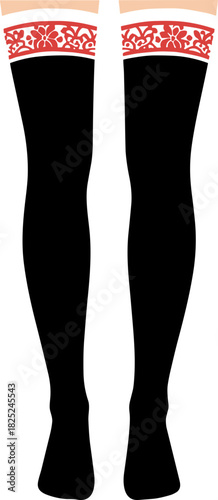 Elegant Flat Illustration Black Stockings with Floral Ornament Fashion Item