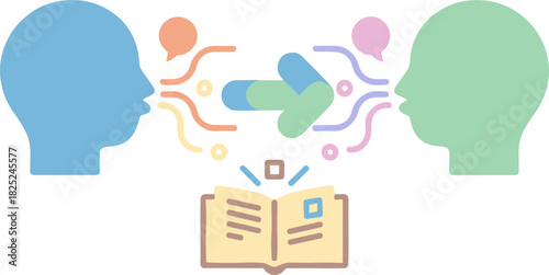 Flat Design Knowledge Sharing Between People with Open Book Icon Illustration