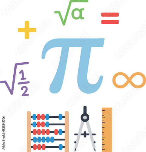 Simple Graphic Math Elements Abacus Compass Ruler and Mathematical Symbols Illustration