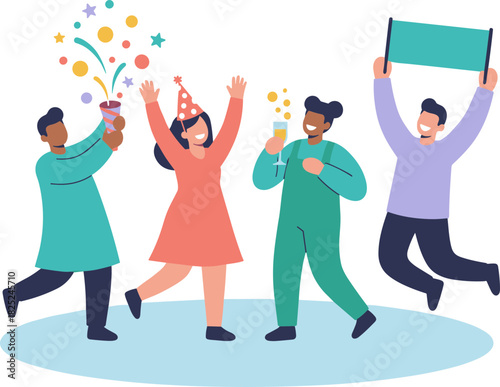 Modern Flat Celebration People with Confetti and Banner Illustration