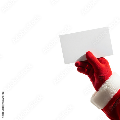 Santa Claus hand holding blank beige card on transparent background. Christmas mail or greeting card message mockup for holiday season. Isolated, PNG on a transparent background.