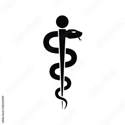 Black caduceus medical symbol with snake and staff