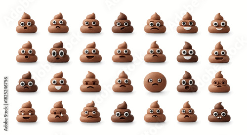 Row of varied poop emoji icons each with a distinct facial expression arranged on a white background