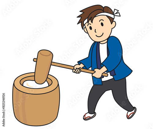 お餅つきをする男性のイラスト