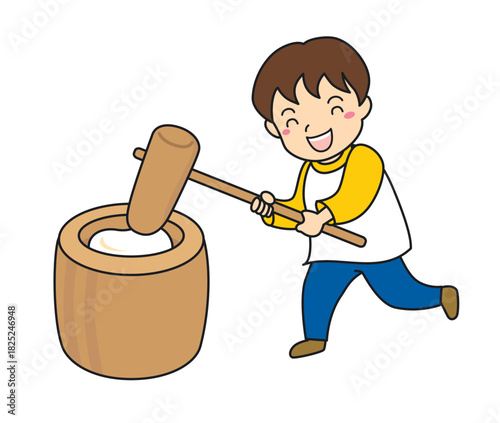 お餅つきをする男の子のイラスト
