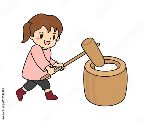 お餅つきをする女の子のイラスト