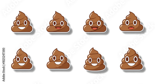8 smiling poop emojis arranged in 2 rows casting shadows on a white background