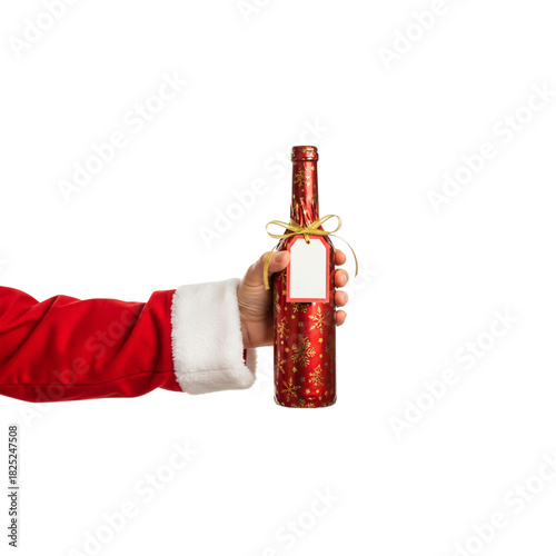 Santa Claus hand giving Christmas gift bottle in festive wrapping on transparent background for holiday advertising and greeting card design. Isolated, PNG on a transparent background