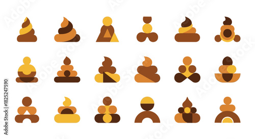 15 stylized cartoonish poop emoji icons of varied colors in a simple arrangement
