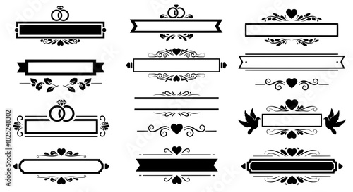 Collection of decorative vintage wedding headers and text dividers. Romantic vector silhouettes with floral swirls rings and hearts for invites.