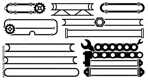 Set of heavy industry text headers. Black silhouettes of pipes chains and steel trusses for technical design.