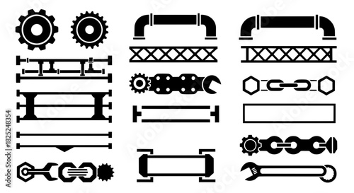 Set of engineering text frames and dividers. Mechanical silhouettes including chains gears and tools for manufacturing design.