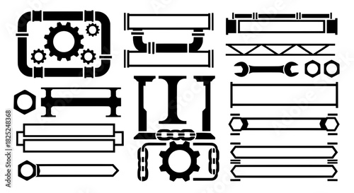 Collection of heavy industry text borders. Black vector silhouettes of steel beams pipes and mechanic tools for technical banners.