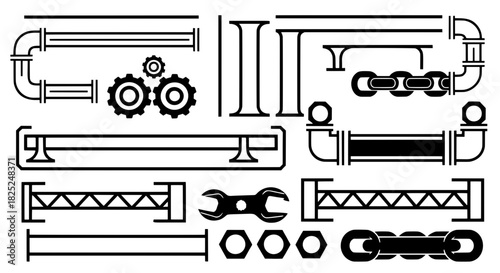 Collection of engineering construction elements. Vector black silhouettes of pipes gears and steel trusses for technical banners.