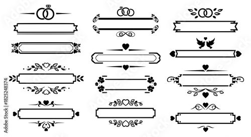 Set of decorative vintage frames and headers for marriage design. Romantic vector silhouettes with doves and rings for blank invitations.