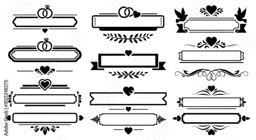 Vector set of vintage wedding banners and blank text dividers. Elegant black silhouettes with rings and doves for marriage invitation cards.
