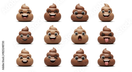 A display of twelve poop emoji each featuring a unique facial expression on a white background