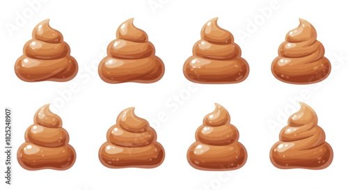 Eight cartoon brown poop emojis arranged in a 2x4 grid pattern against a white background