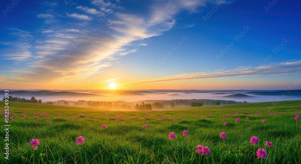 Fototapeta premium Vibrant sunrise over a misty green meadow dotted with small pink wildflowers under a dramatic blue sky with wispy clouds, creating a serene and colorful spring landscape