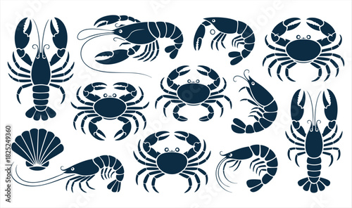 Graphic Silhouettes of Marine Crustaceans in Blue
