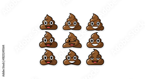 Array of nine cartoon poop emojis with smiling expressions on a plain white background
