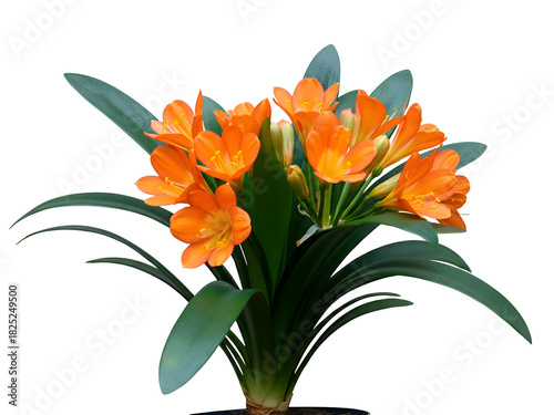 A vibrant Clivia miniata plant in full bloom, showcasing its stunning orange flowers and lush green leaves, isolated on a pure white background
