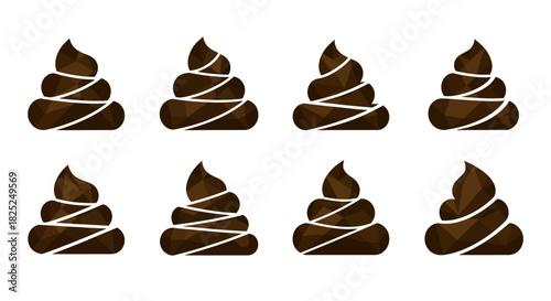 An arrangement of eight stylized brown poo emojis with triangular facets