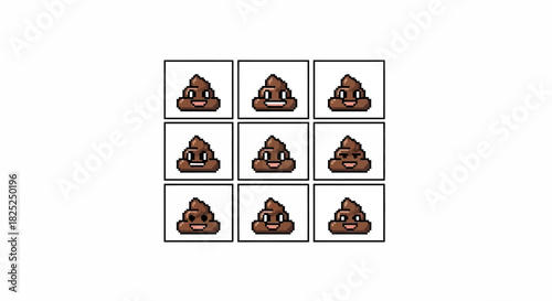 Pixelated grid shows nine brown emoji poops with different facial expressions against a white background