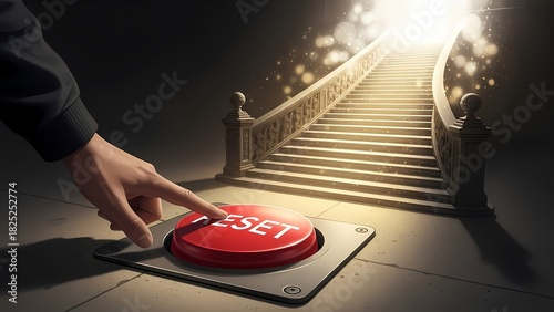 An illustration showing a person facing a large reset button and stairs leading toward bright light, symbolizing new beginnings, life resets, transformation, and second opportunities.